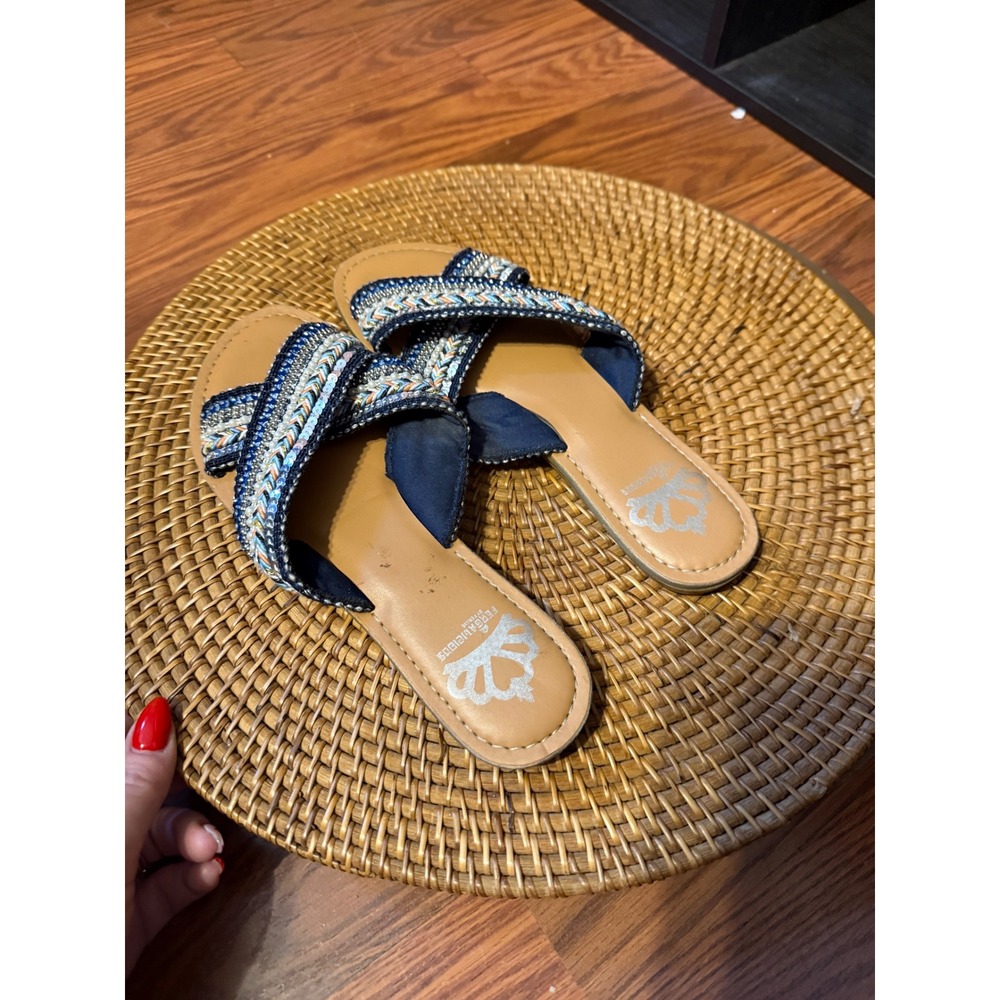 Fergalicious by Fergie Starlit Beaded Sequin Crisscross Slide Sandals Blue 6.5M - Picture 4 of 12